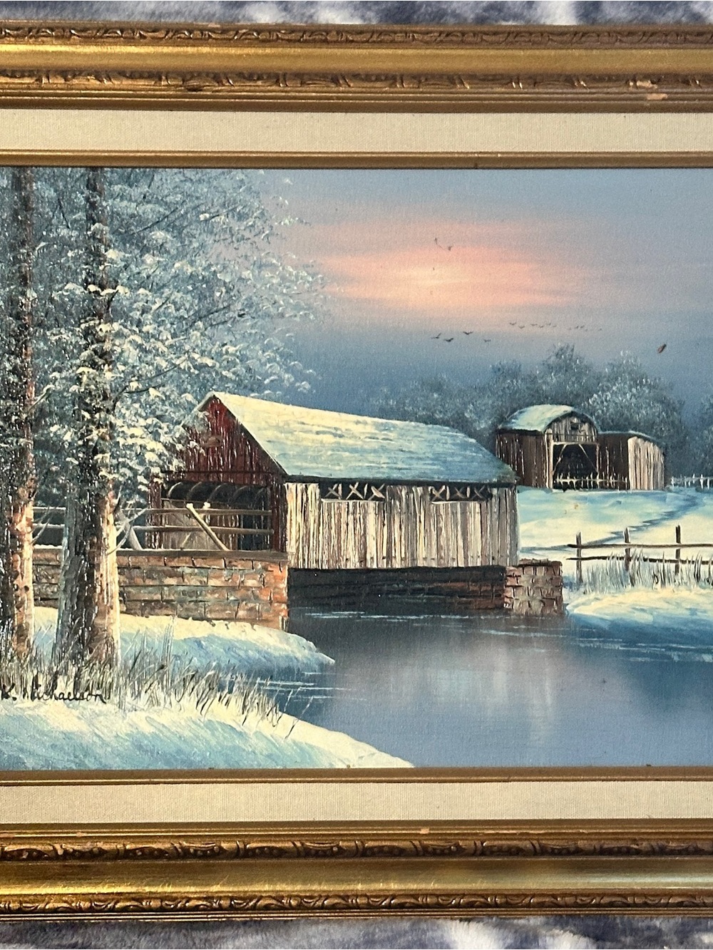 Framed Winter Landscape Oil Painting with Covered Bridge